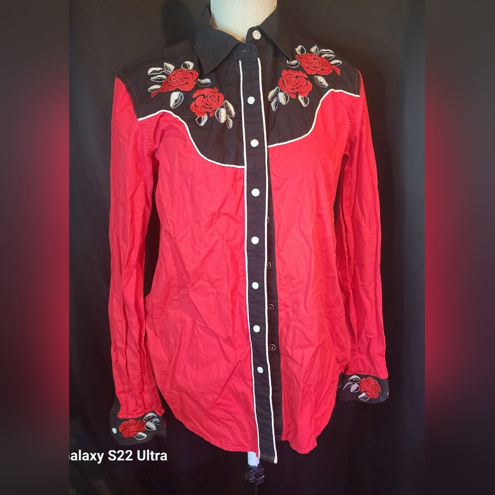Cruel Denim Red and Black Small Embroidered Roses Dress Shirt